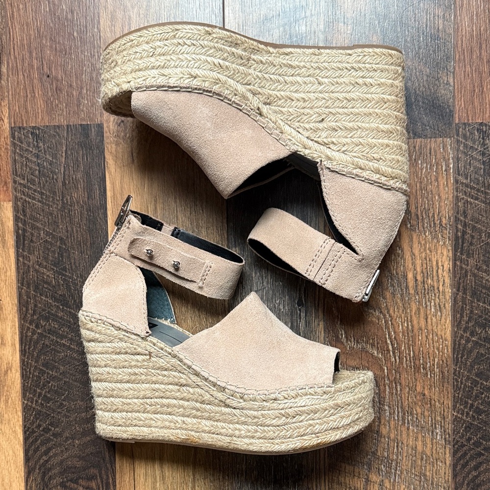 Straw Platform Blush Suede Wedge Sandals